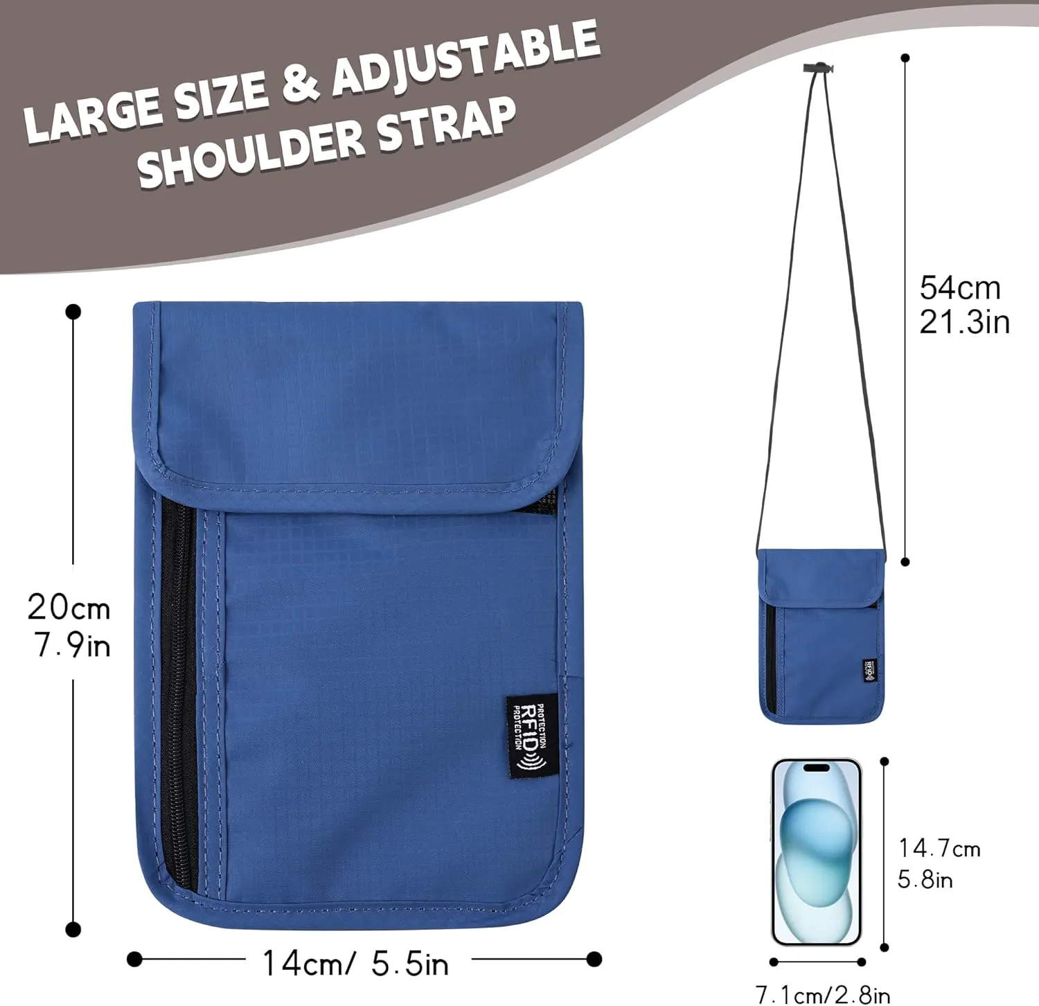 5.5" L x 7.9" W Travel Neck Wallet, RFID Blocking Passport Holder, Security Lightweight Passport Travel Wallet, Neck Pouch Gifts for Women Men(Blue)