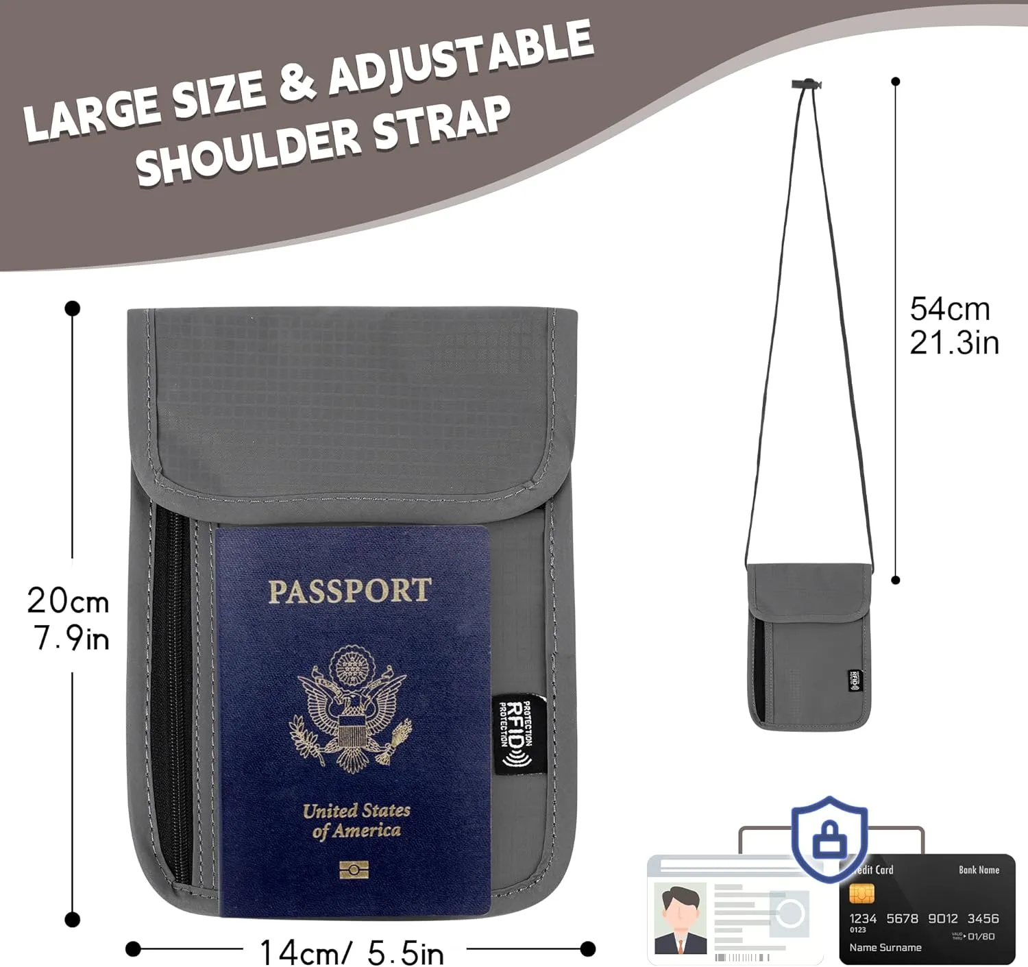 5.5" L x 7.9" W Travel Neck Wallet, RFID Blocking Passport Holder, Security Lightweight Passport Travel Wallet, Neck Pouch Gifts for Women Men(Grey)