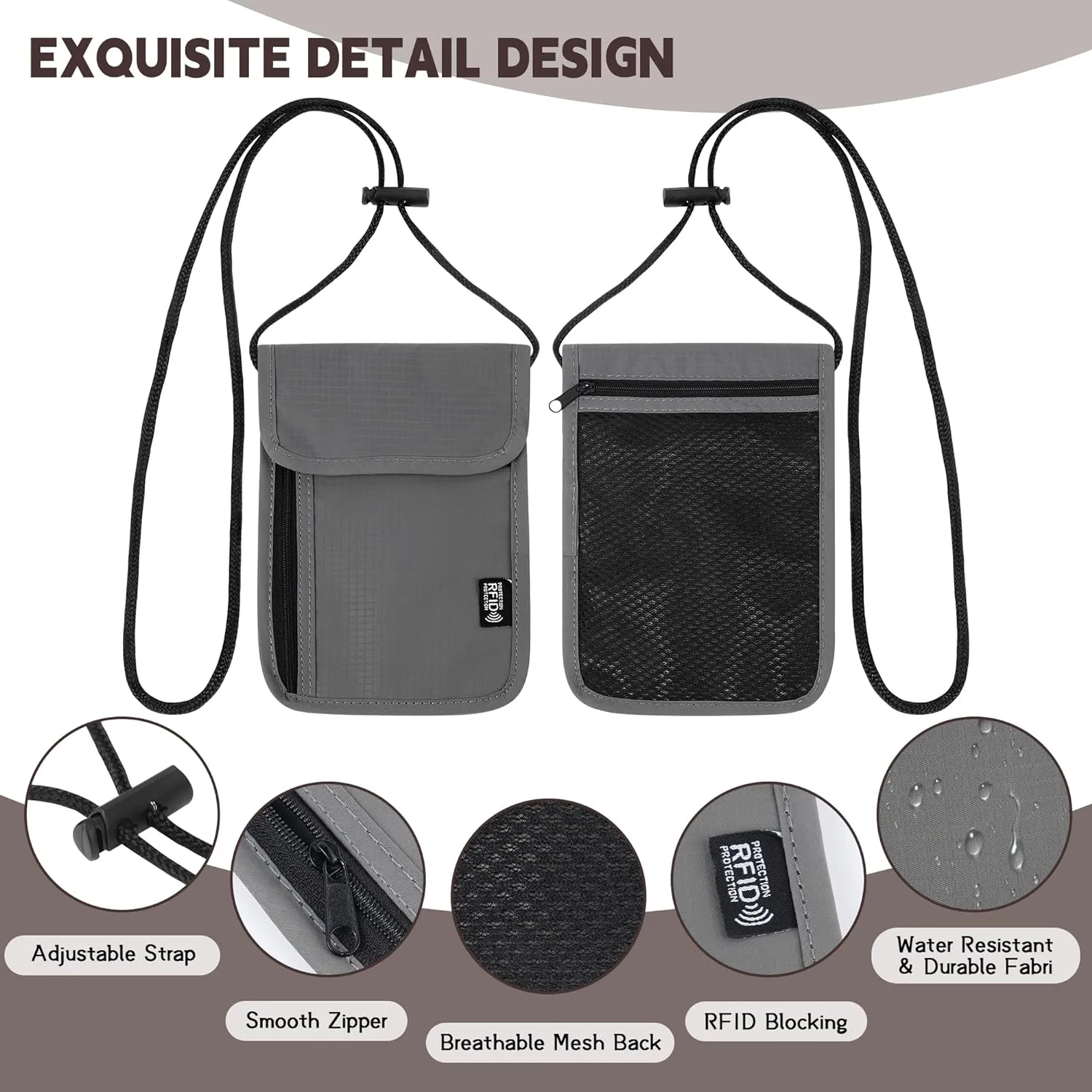 5.5" L x 7.9" W Travel Neck Wallet, RFID Blocking Passport Holder, Security Lightweight Passport Travel Wallet, Neck Pouch Gifts for Women Men(Grey)