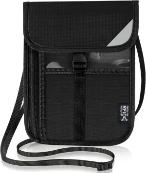 5.9" L x 8" W Travel Neck Wallet, RFID Blocking Passport Holder for Travel Women Men, Security Passport Wallet with Buckle, Neck Pouch Gifts for Traveling Family (Black)