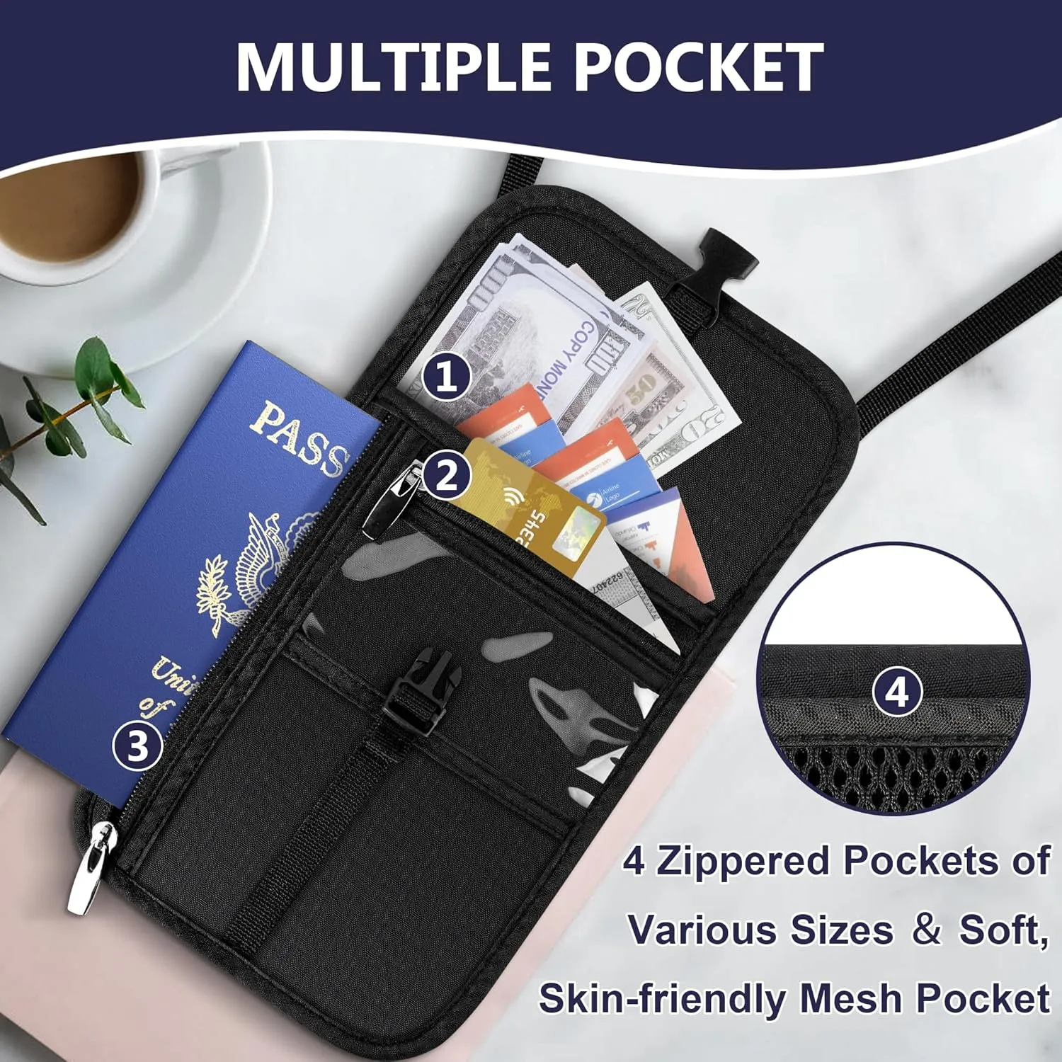 5.9" L x 8" W Travel Neck Wallet, RFID Blocking Passport Holder for Travel Women Men, Security Passport Wallet with Buckle, Neck Pouch Gifts for Traveling Family (Black)