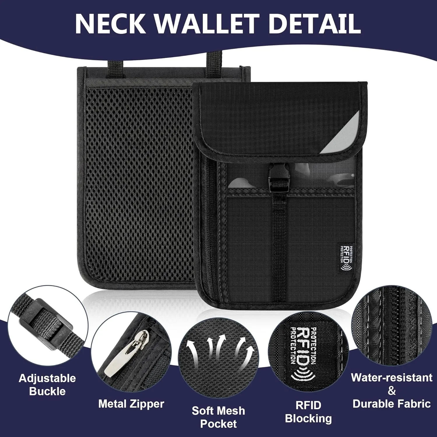 5.9" L x 8" W Travel Neck Wallet, RFID Blocking Passport Holder for Travel Women Men, Security Passport Wallet with Buckle, Neck Pouch Gifts for Traveling Family (Black)