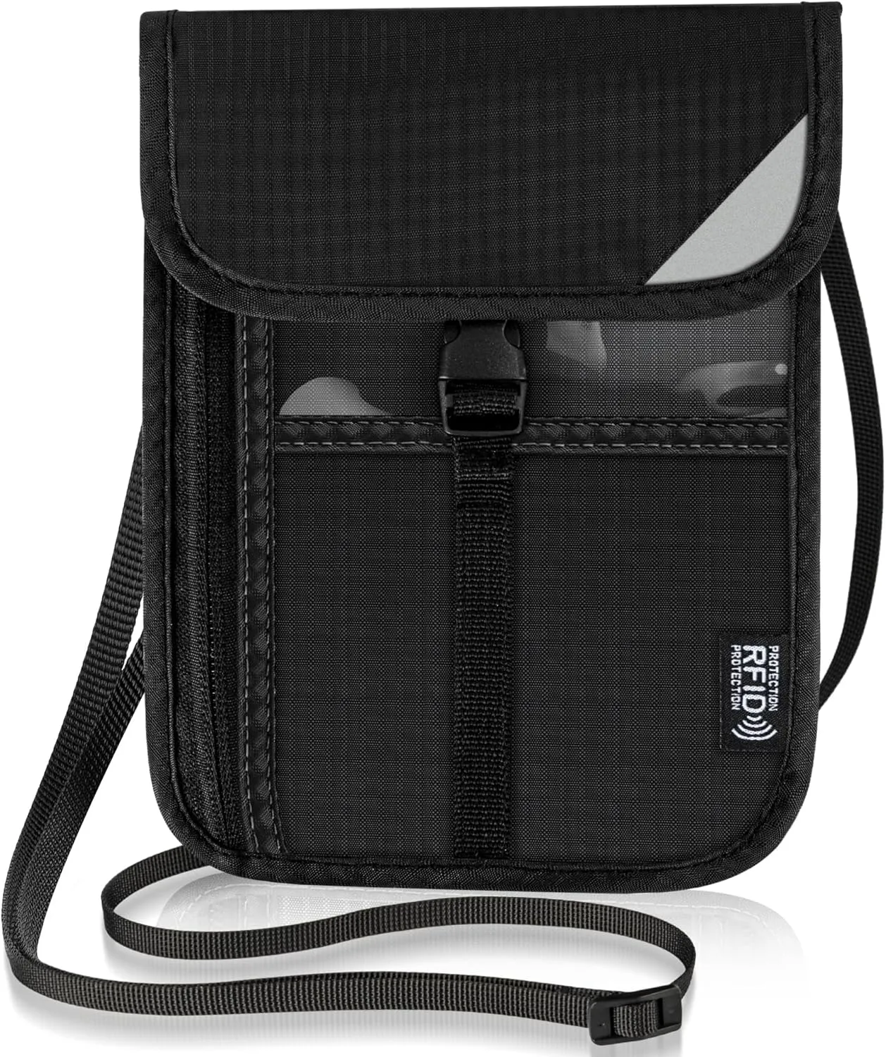 5.9" L x 8" W Travel Neck Wallet, RFID Blocking Passport Holder for Travel Women Men, Security Passport Wallet with Buckle, Neck Pouch Gifts for Traveling Family (Black)