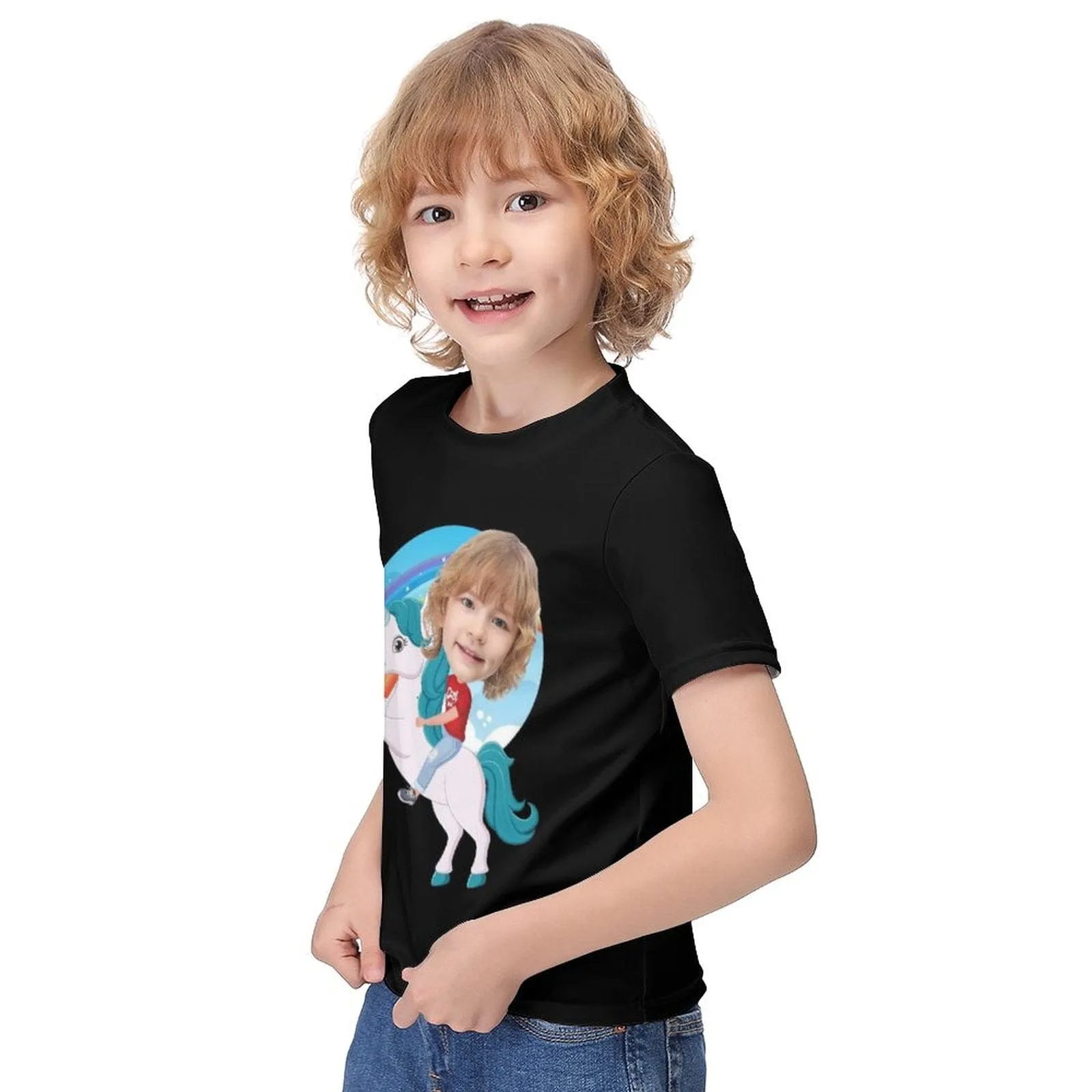 #6-12Y Custom Face Riding a Unicorn Cute Kid's T-shirt For Boy Girl