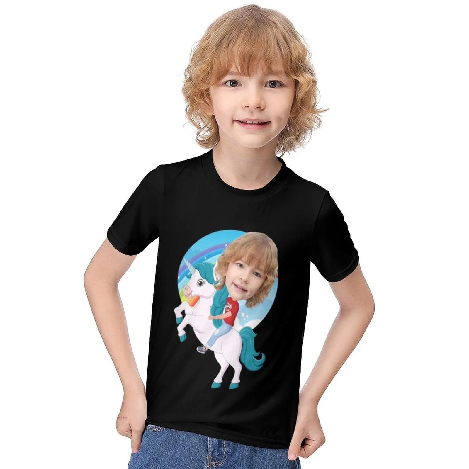 #6-12Y Custom Face Riding a Unicorn Cute Kid's T-shirt For Boy Girl