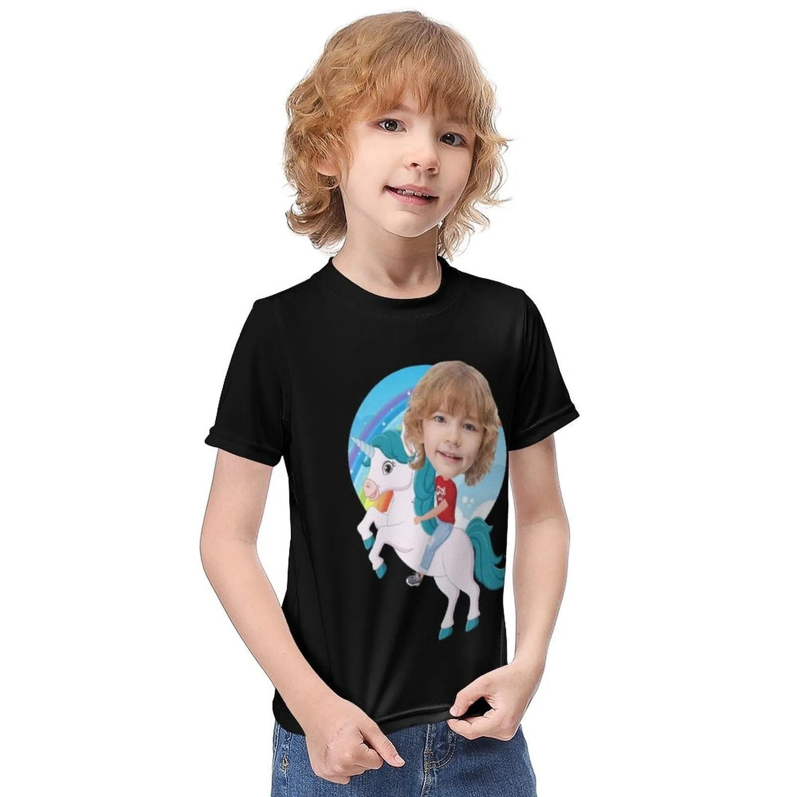 #6-12Y Custom Face Riding a Unicorn Cute Kid's T-shirt For Boy Girl