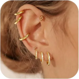 8 Pairs Gold Earrings Small Gold Hoop Earrings for Women,18K Real Gold Plated Gold Hoops Huggie Cartilage Earrings Piercings Jewelry Hypoallergenic Lightweight 6mm/8mm/10mm/12mm