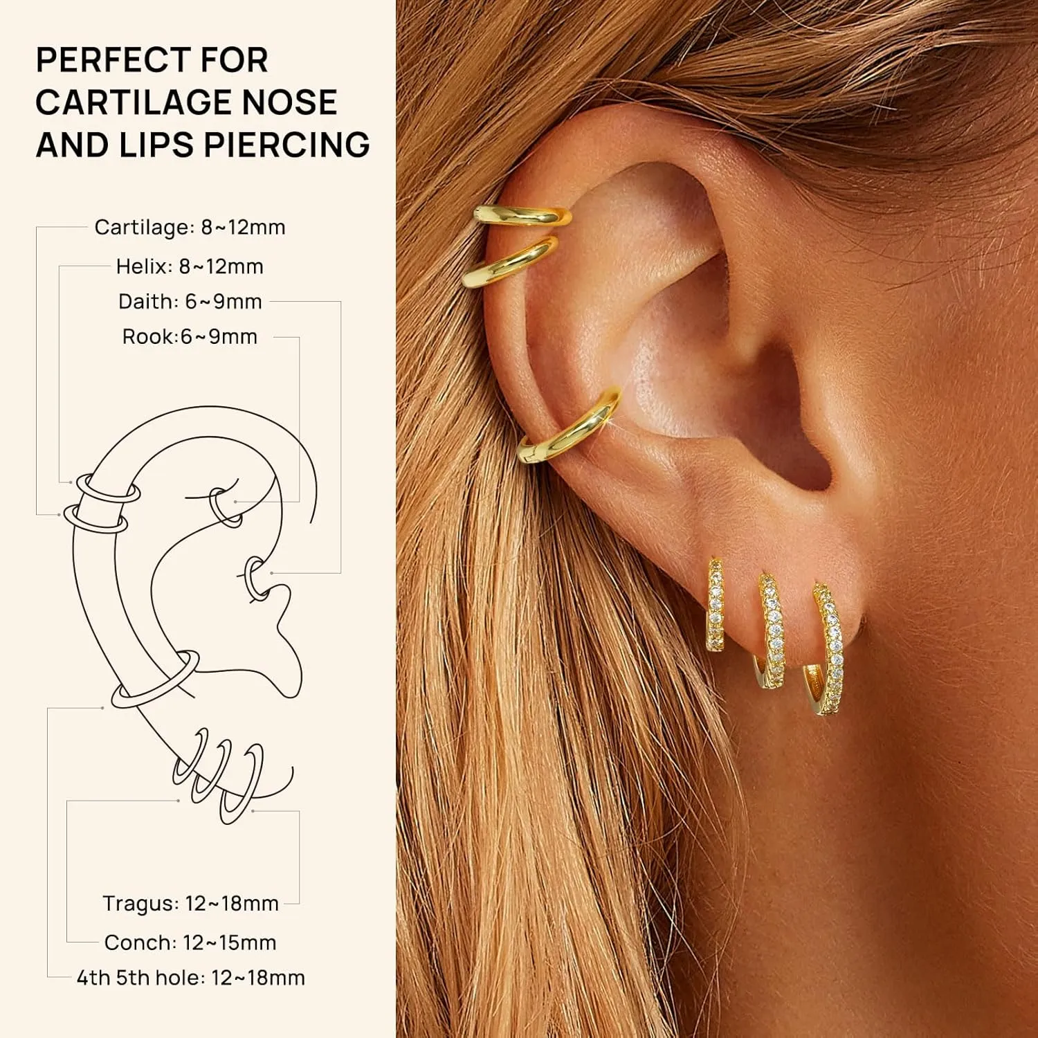 8 Pairs Gold Earrings Small Gold Hoop Earrings for Women,18K Real Gold Plated Gold Hoops Huggie Cartilage Earrings Piercings Jewelry Hypoallergenic Lightweight 6mm/8mm/10mm/12mm