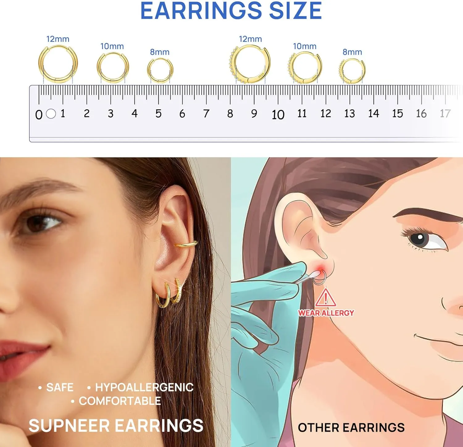 8 Pairs Gold Earrings Small Gold Hoop Earrings for Women,18K Real Gold Plated Gold Hoops Huggie Cartilage Earrings Piercings Jewelry Hypoallergenic Lightweight 6mm/8mm/10mm/12mm