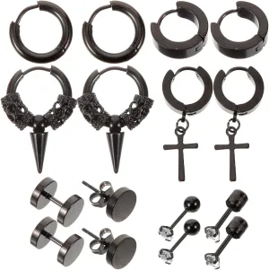 8 Pairs Men' Stainless Steel Earrings Set Cross Hoops Minimalist Dangle and Earrings for Piercing Goth Style Ear Accessories Black