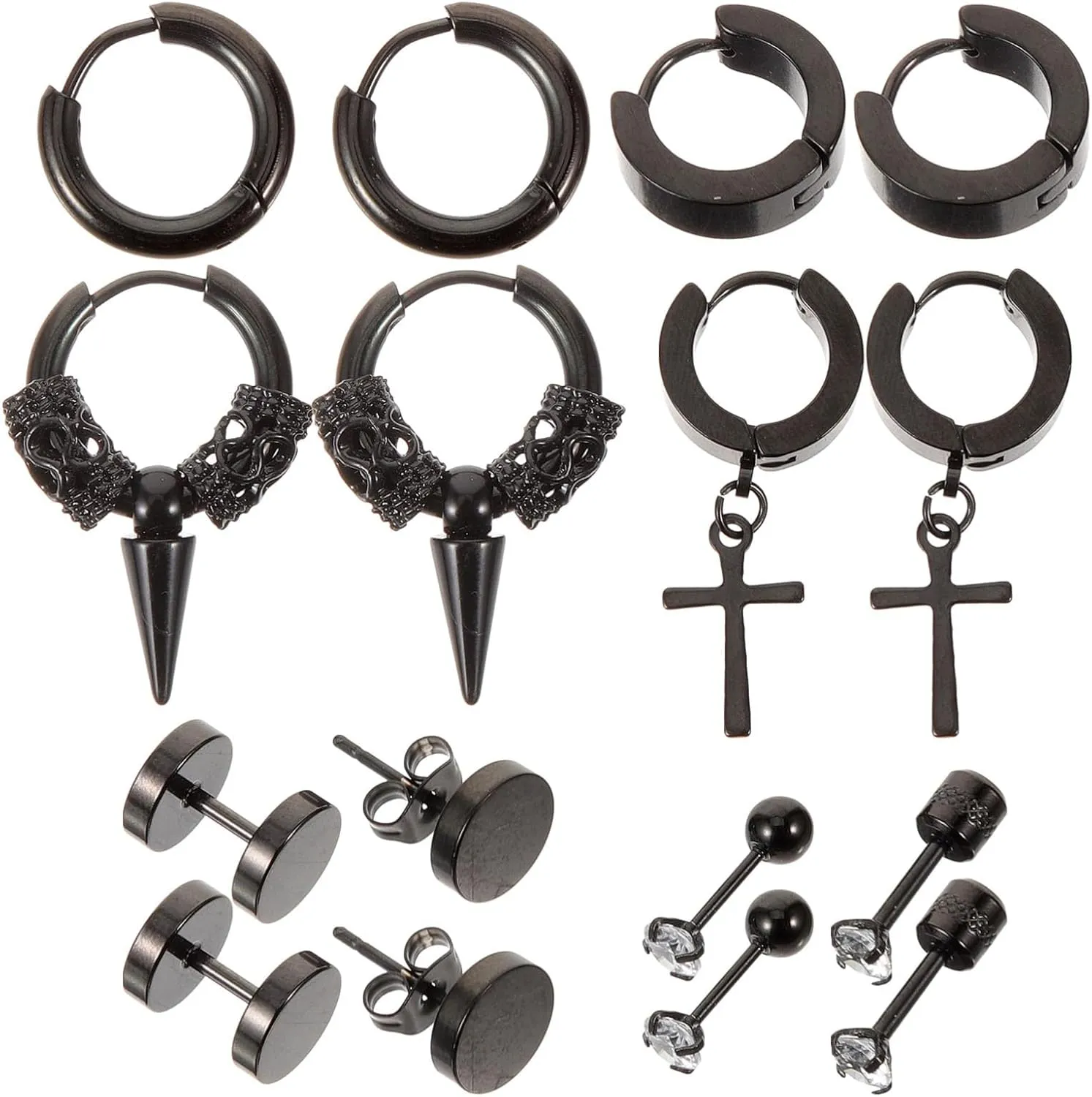 8 Pairs Men' Stainless Steel Earrings Set Cross Hoops Minimalist Dangle and Earrings for Piercing Goth Style Ear Accessories Black