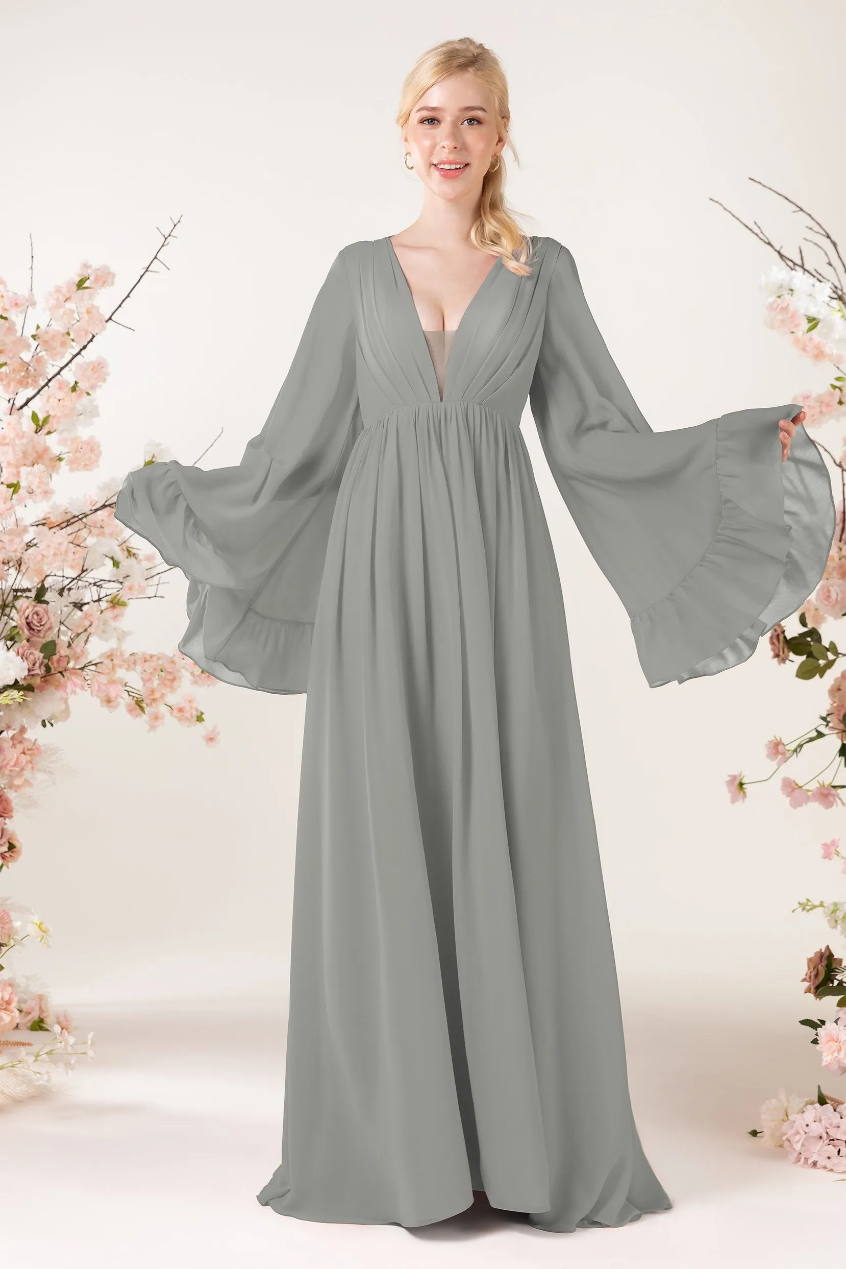 A-Line Sweep-Brush Train Chiffon Bridesmaid Dress CB0465