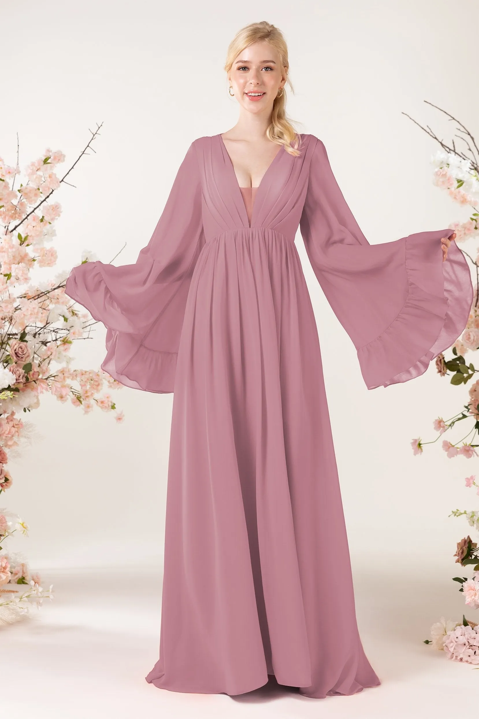A-Line Sweep-Brush Train Chiffon Bridesmaid Dress CB0465