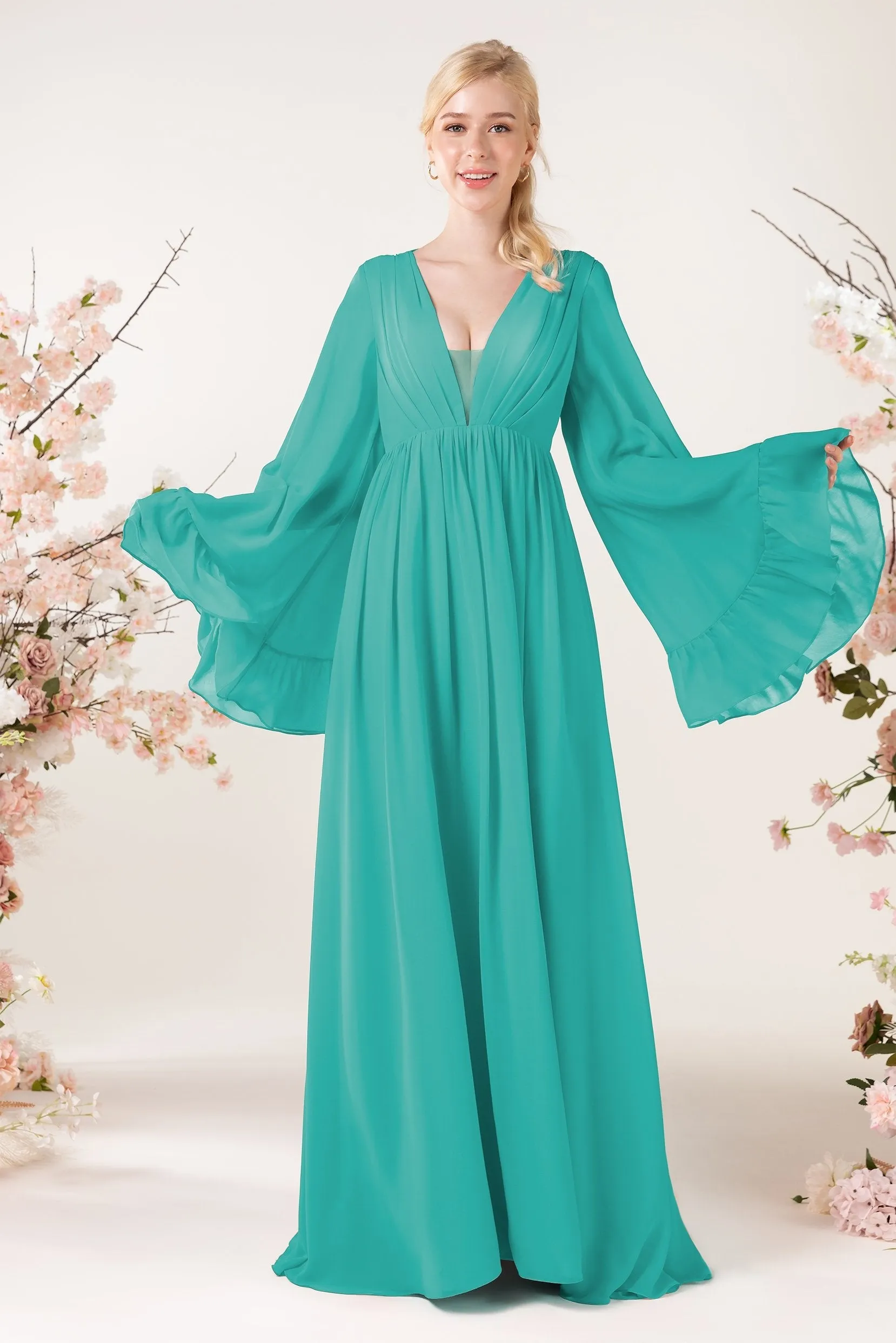 A-Line Sweep-Brush Train Chiffon Bridesmaid Dress CB0465