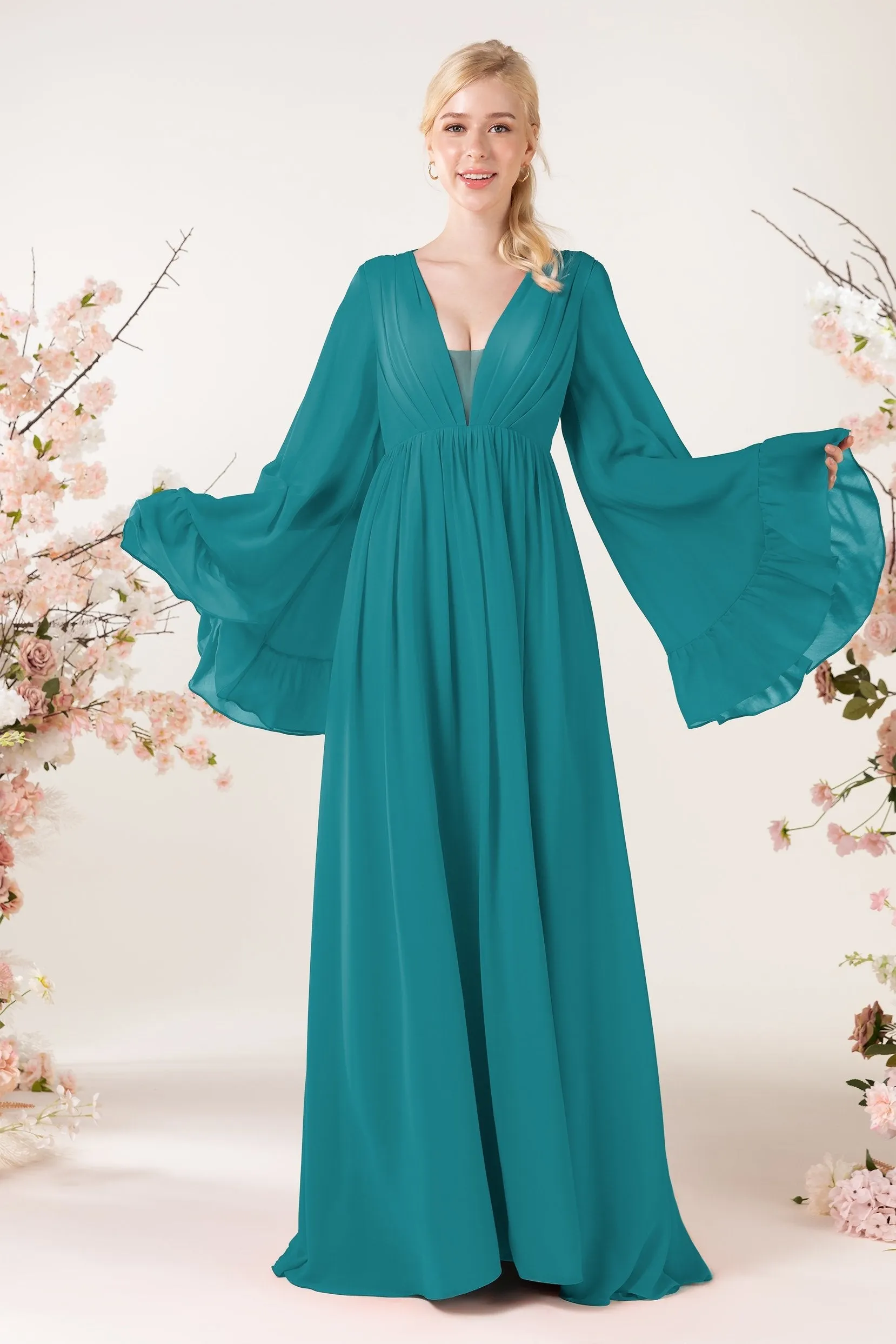 A-Line Sweep-Brush Train Chiffon Bridesmaid Dress CB0465