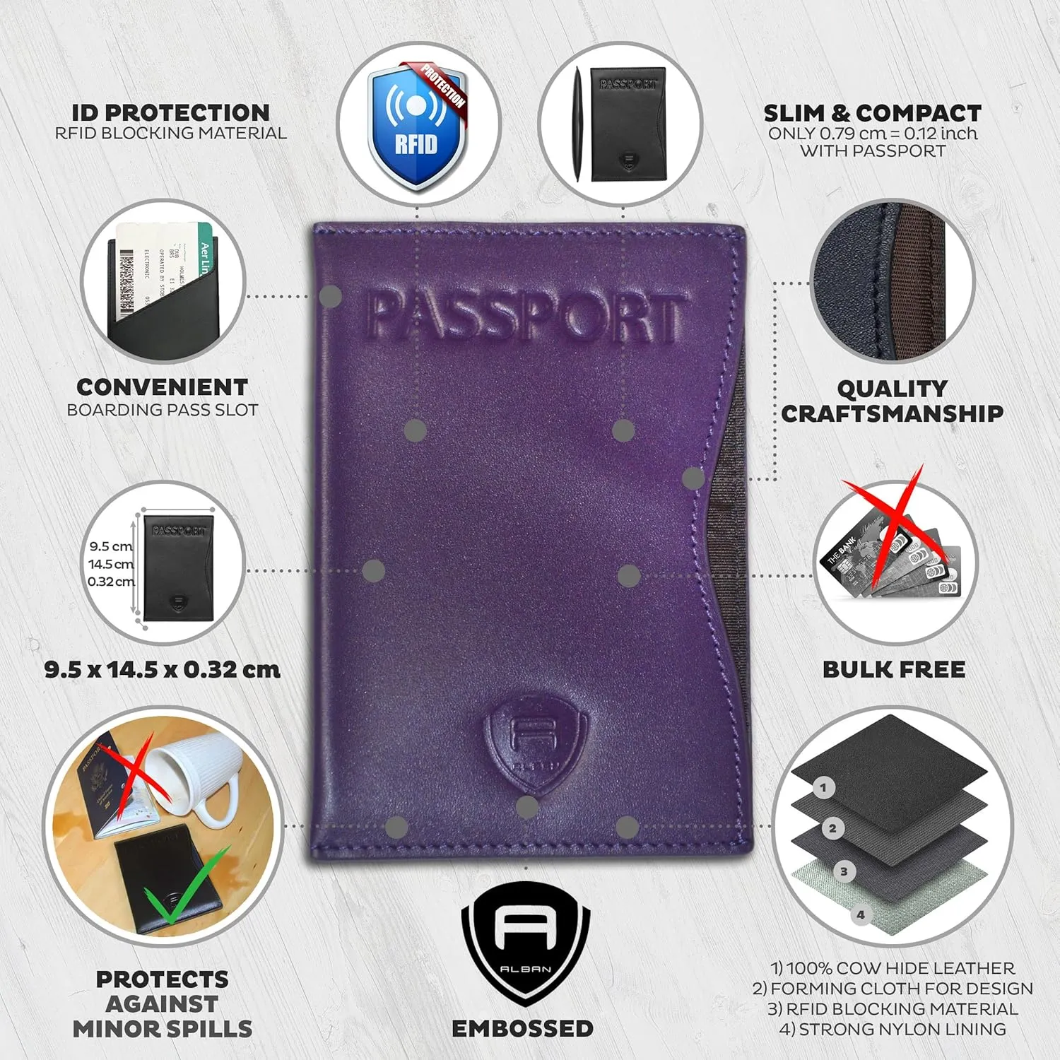 Alban RFID Passport Holder Women Men RFID Blocking Travel Passport Wallet Case Genuine Leather Passport Cover porta pasaporte