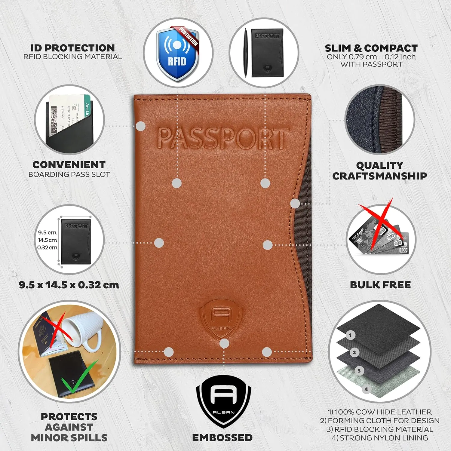 Alban RFID Passport Holder Women Men RFID Blocking Travel Passport Wallet Case Genuine Leather Passport Cover porta pasaporte