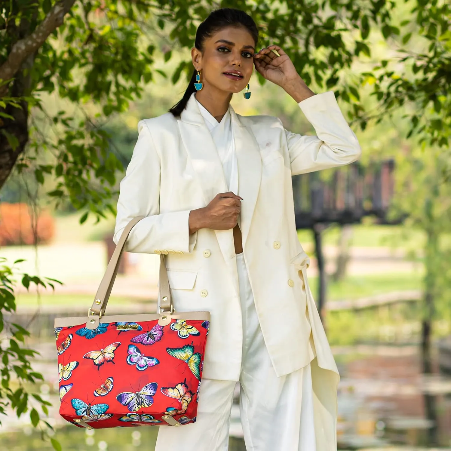 Anuschka Zip Top City Tote-Wanderlust Collection-Nylon Fabric with Leather Trim and Artwork Print