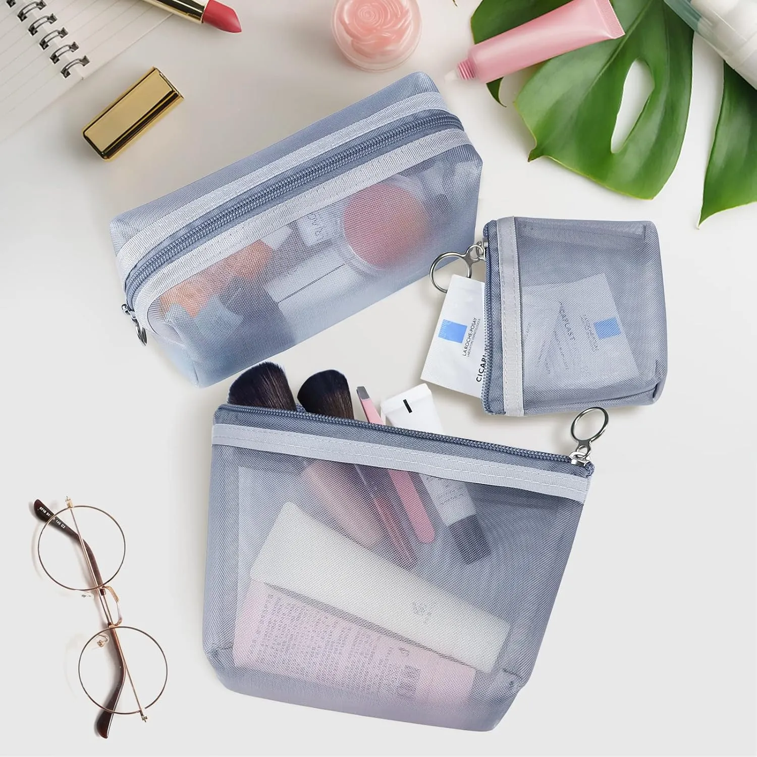 Aosbos 3-Pack Mesh Cosmetic Bag Set - Travel/On-The-Go Makeup Storage, Zipper Closure Small Pouch