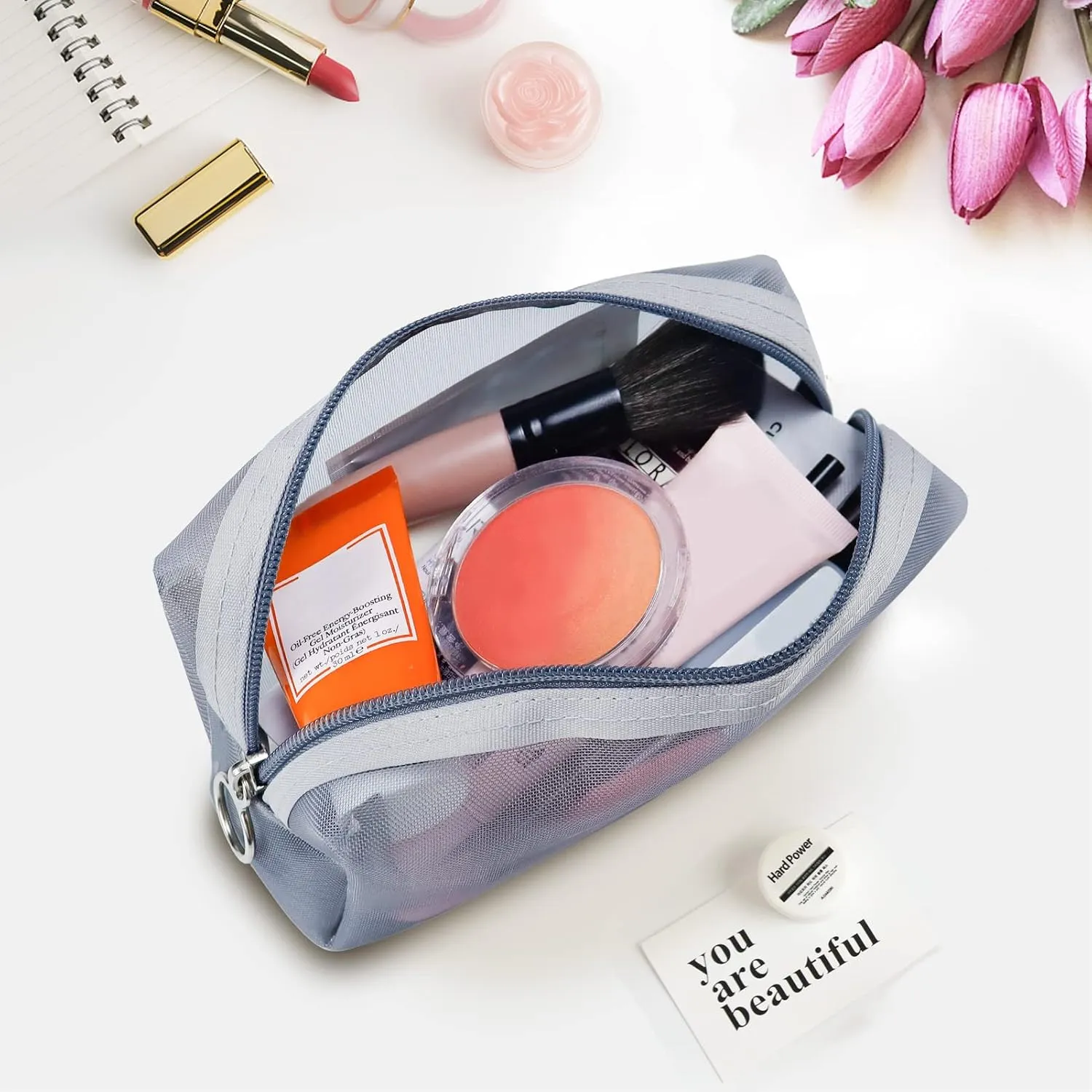 Aosbos 3-Pack Mesh Cosmetic Bag Set - Travel/On-The-Go Makeup Storage, Zipper Closure Small Pouch