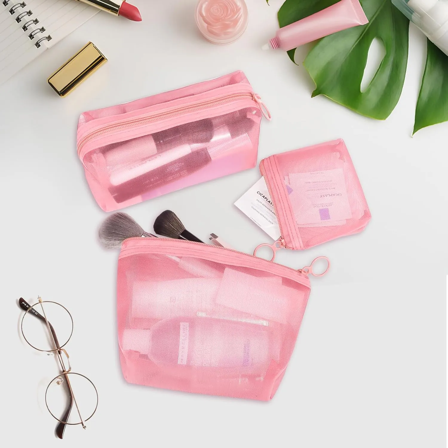 Aosbos 3-Pack Mesh Cosmetic Bag Set - Travel/On-The-Go Makeup Storage, Zipper Closure Small Pouch