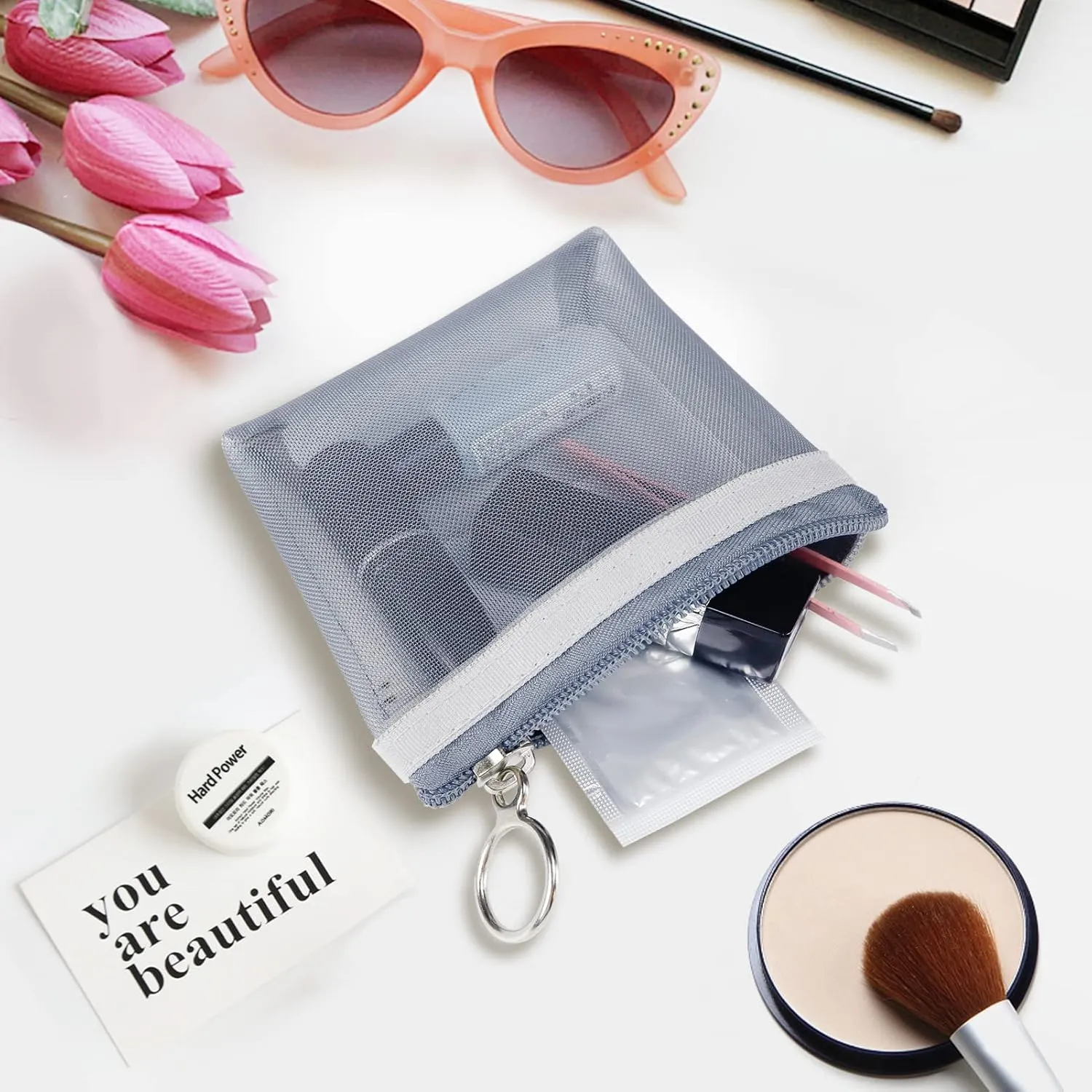 Aosbos 3-Pack Mesh Cosmetic Bag Set - Travel/On-The-Go Makeup Storage, Zipper Closure Small Pouch