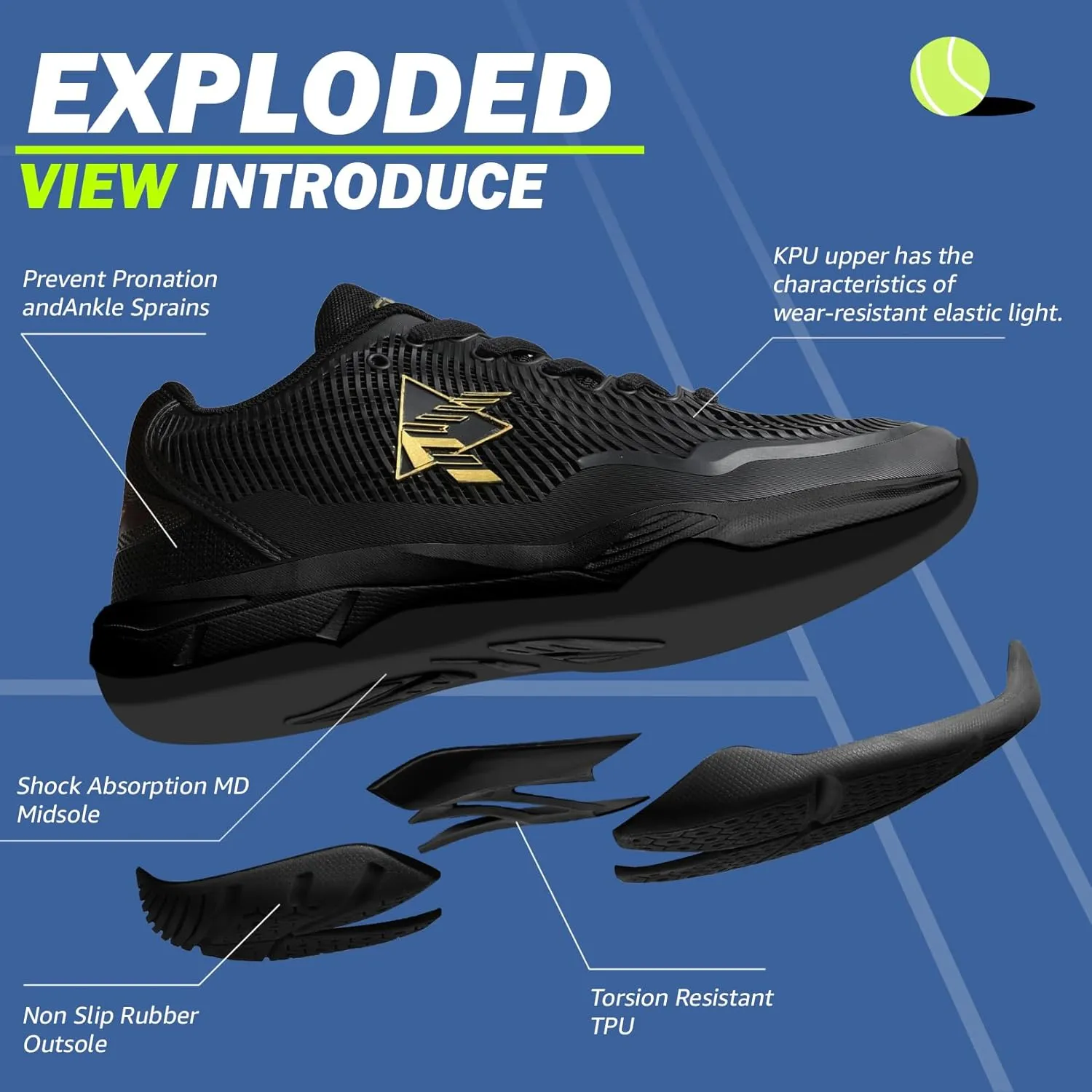 ASHION Pickleball Shoes for Men Tennis Shoes Sneakers for All Court Racquetball Athletic Shoes for Racquet Sport | Arch Support