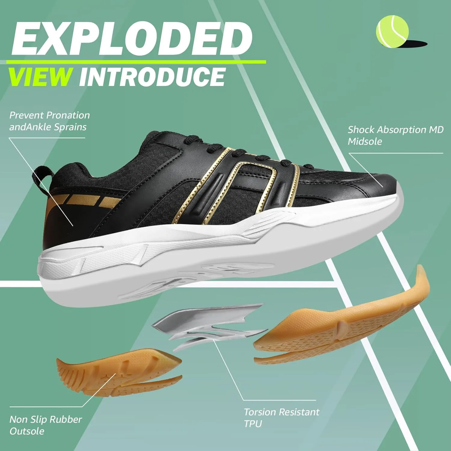 ASHION Pickleball Shoes for Men Tennis Shoes Sneakers for All Court Racquetball Athletic Shoes for Racquet Sport | Arch Support
