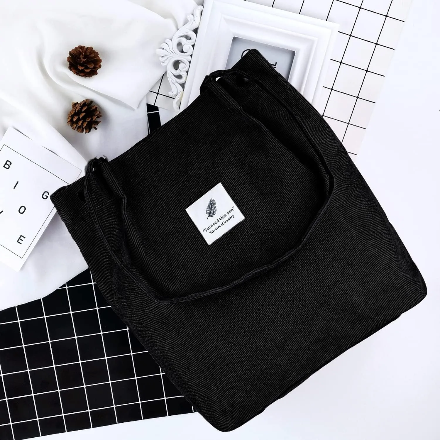 Ayieyill Corduroy Tote Bag for Women Canvas Shoulder Cord Purse with Inner Pocket