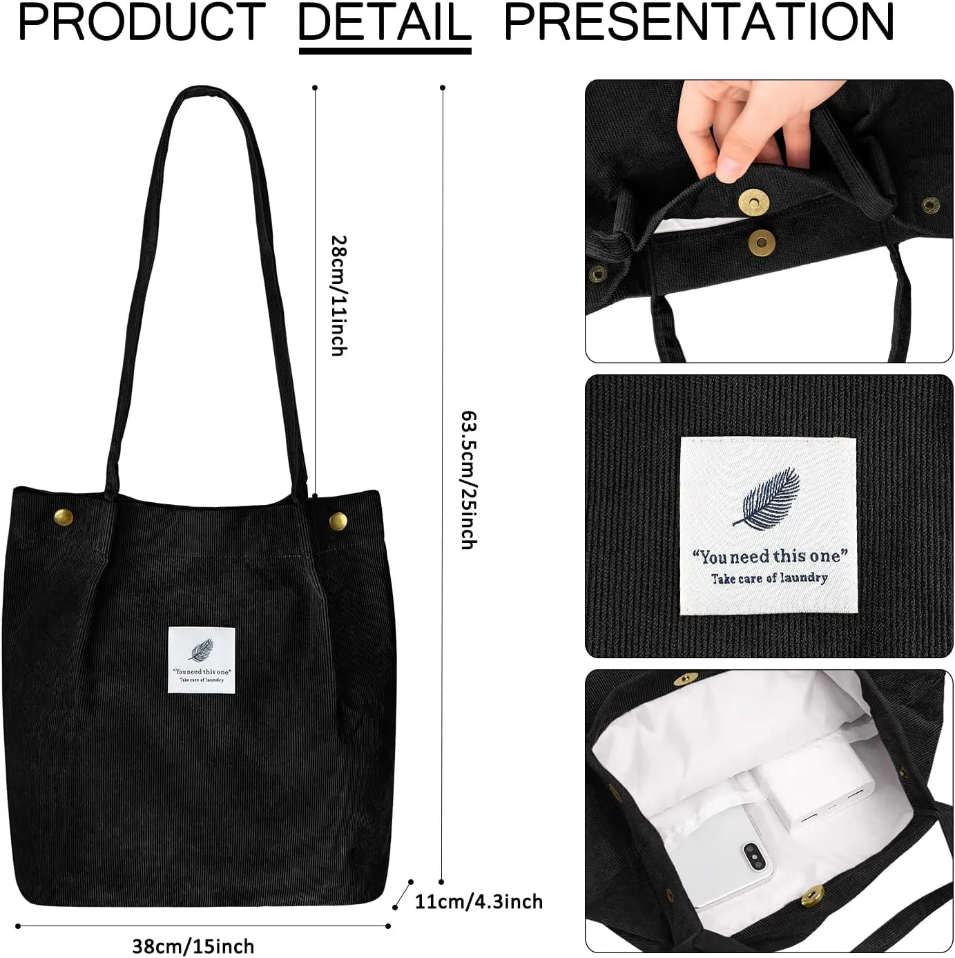 Ayieyill Corduroy Tote Bag for Women Canvas Shoulder Cord Purse with Inner Pocket