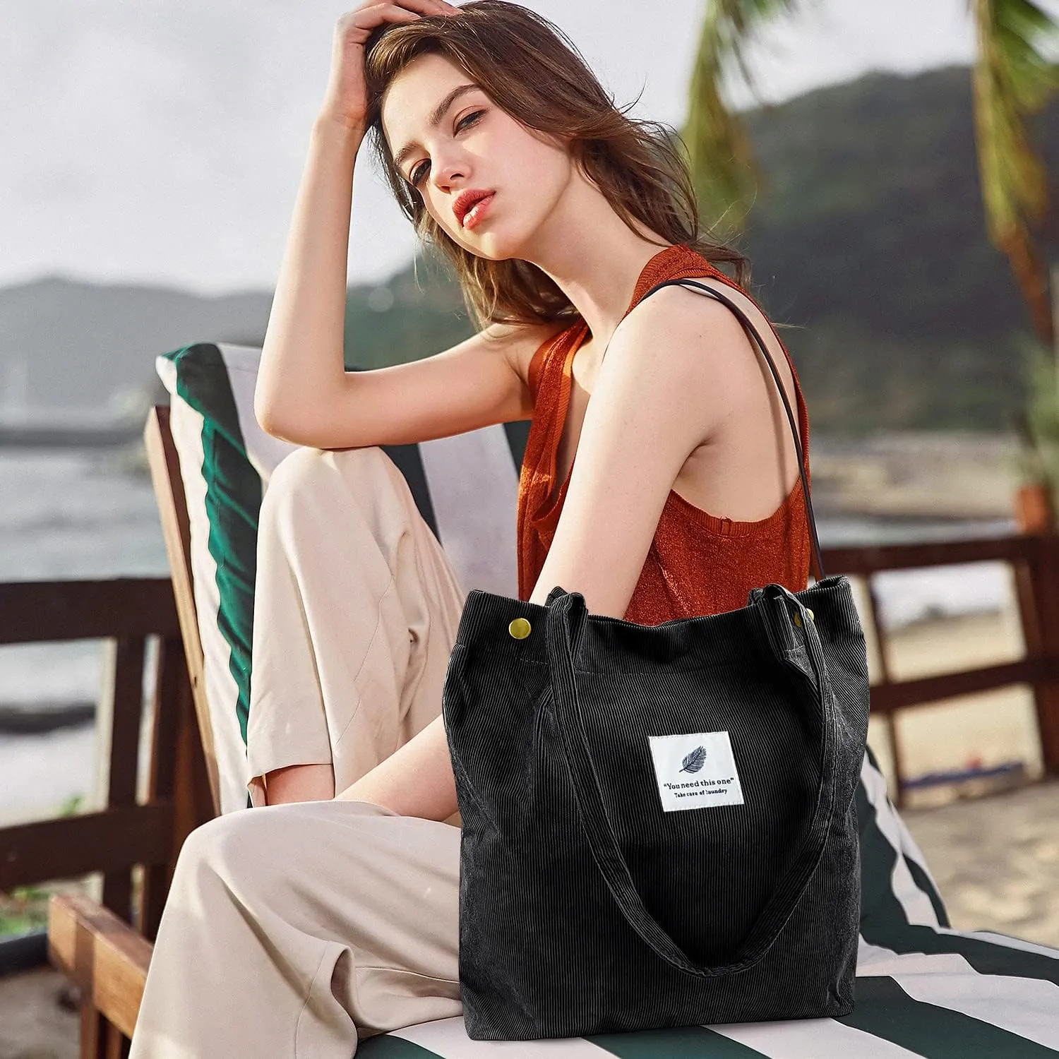 Ayieyill Corduroy Tote Bag for Women Canvas Shoulder Cord Purse with Inner Pocket