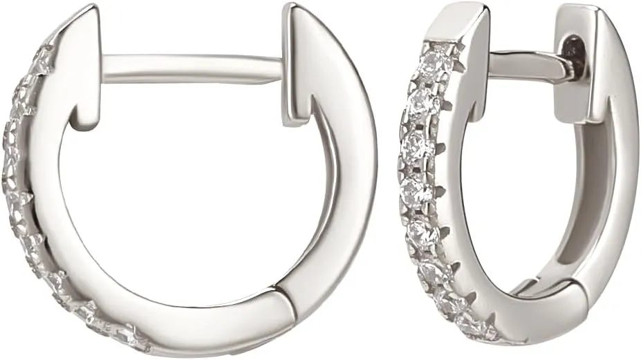 Beebeecraft Rhodium Plated 925 Sterling Silver Cubic Zirconia Hoop Earrings Platinum Clear Round Huggie Ear Cuff for Cartilage Tragus Piercing Jewelry