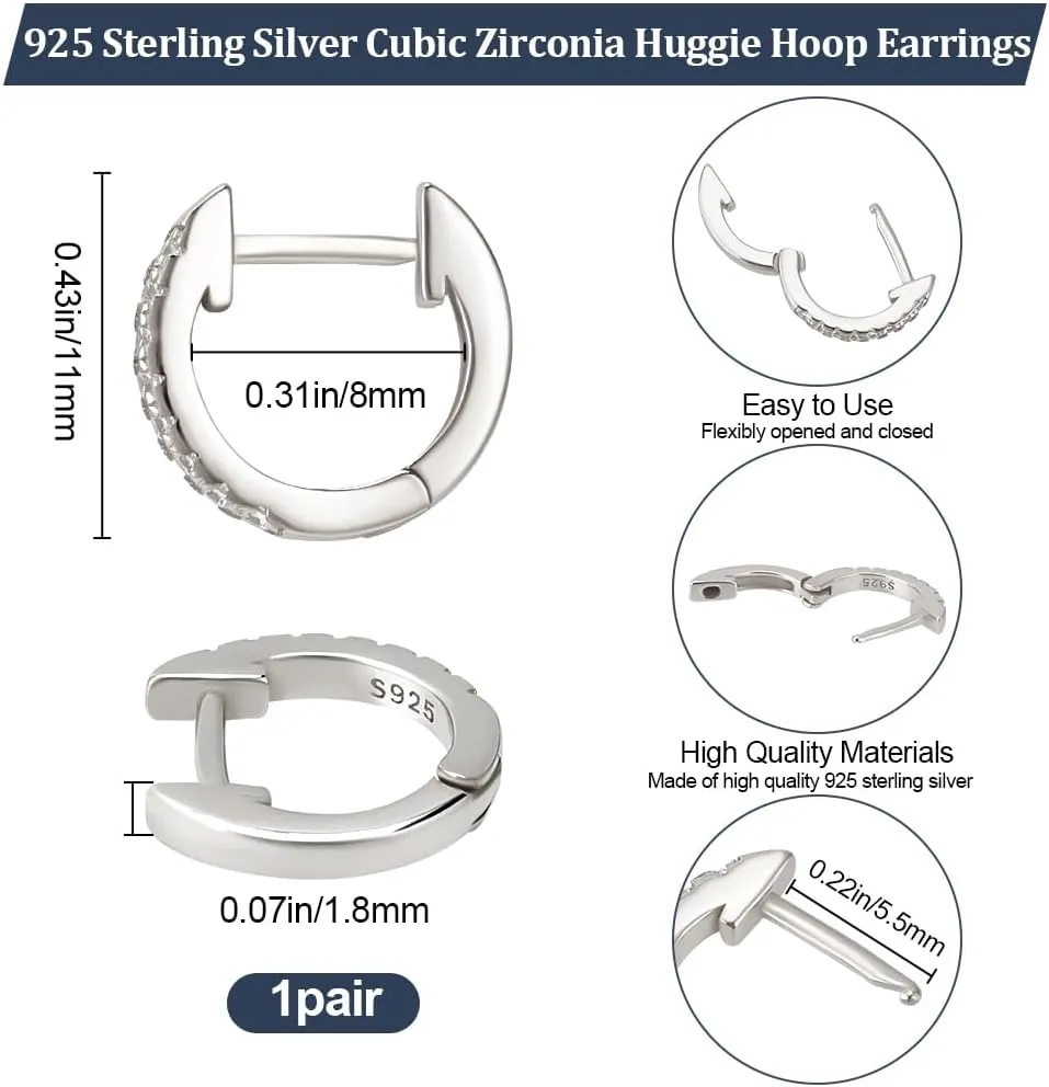 Beebeecraft Rhodium Plated 925 Sterling Silver Cubic Zirconia Hoop Earrings Platinum Clear Round Huggie Ear Cuff for Cartilage Tragus Piercing Jewelry