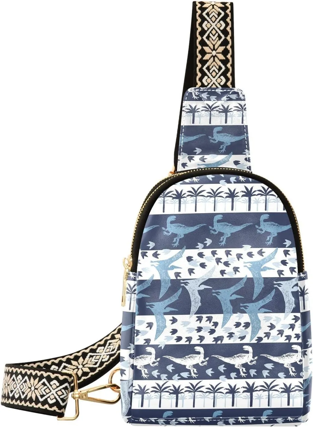 Blue Dinosaur Sketch Fanny Pack Crossbody PC Leather Small Sling Bag for Women Foot Prints Fashion Waist Packs Chest Bag for Travel Sports Running Hiking
