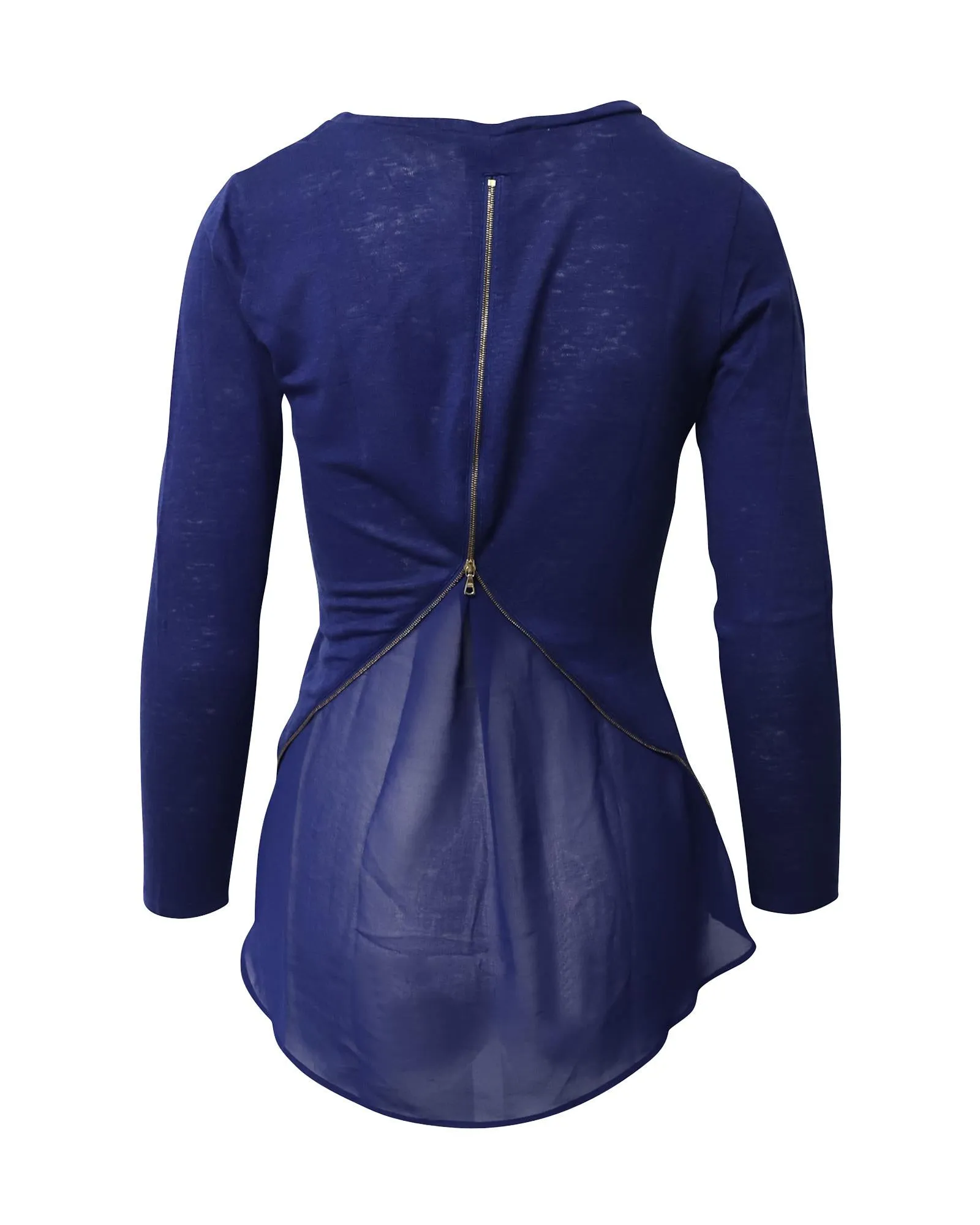 Blue Linen Zip Back Long Sleeve Top