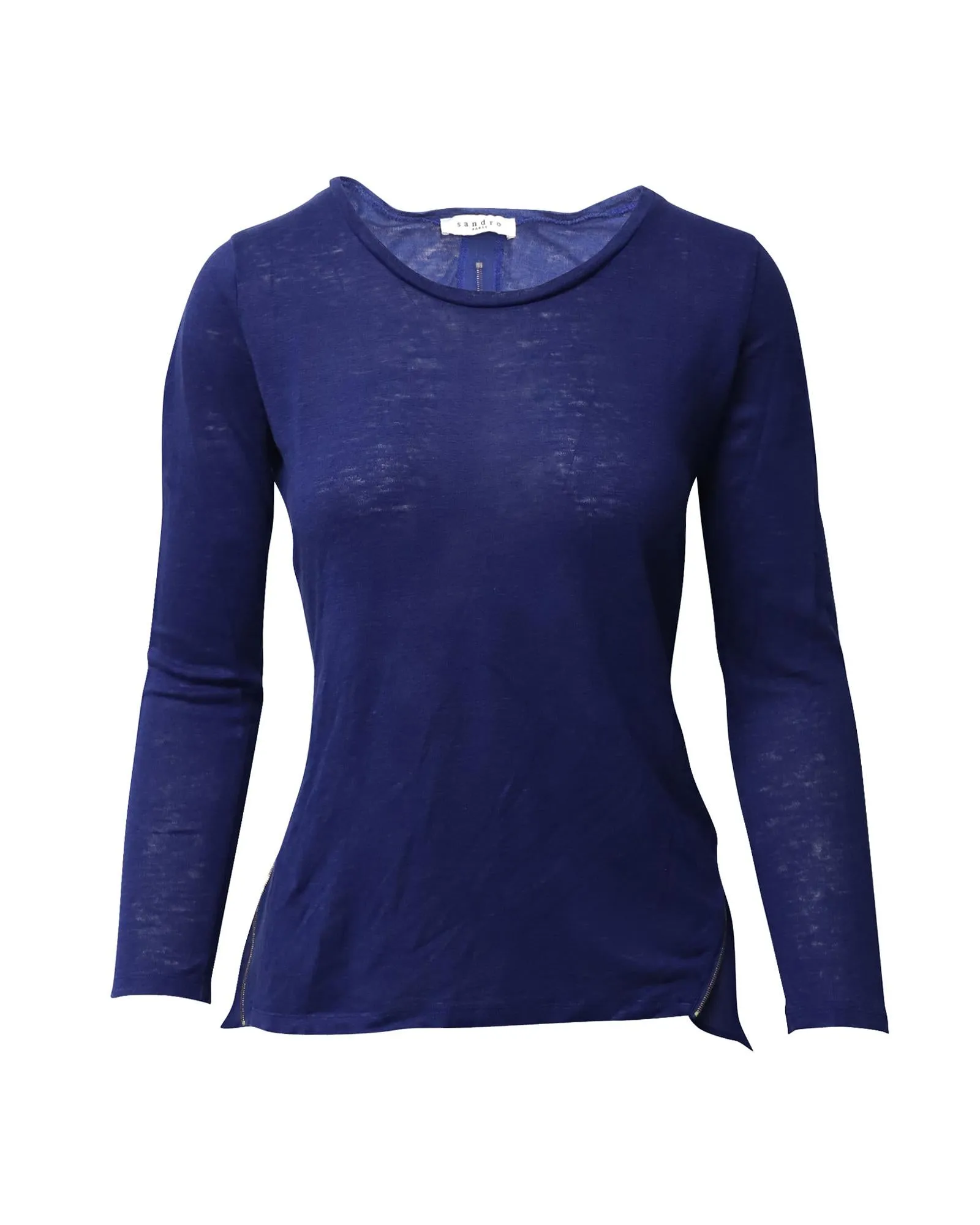 Blue Linen Zip Back Long Sleeve Top