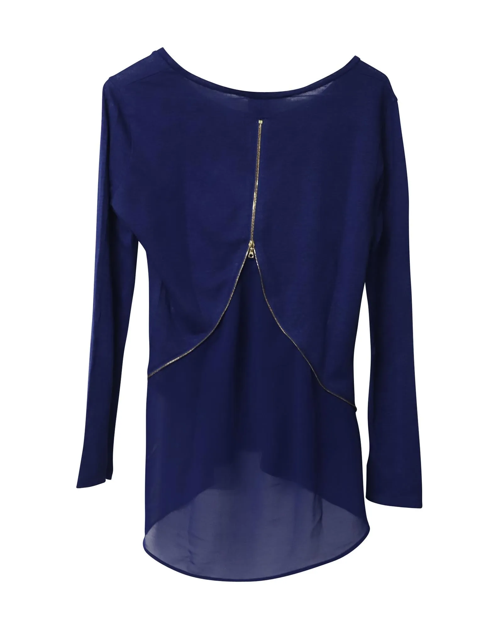Blue Linen Zip Back Long Sleeve Top