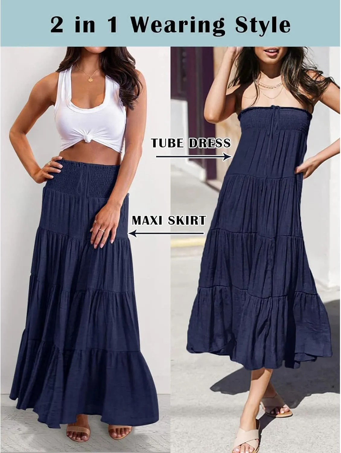 Boho Maxi Skirts for Women 2025 Summer Elastic Waisted Solid Color Flowy Swing A-Line Pleated Long Skirt