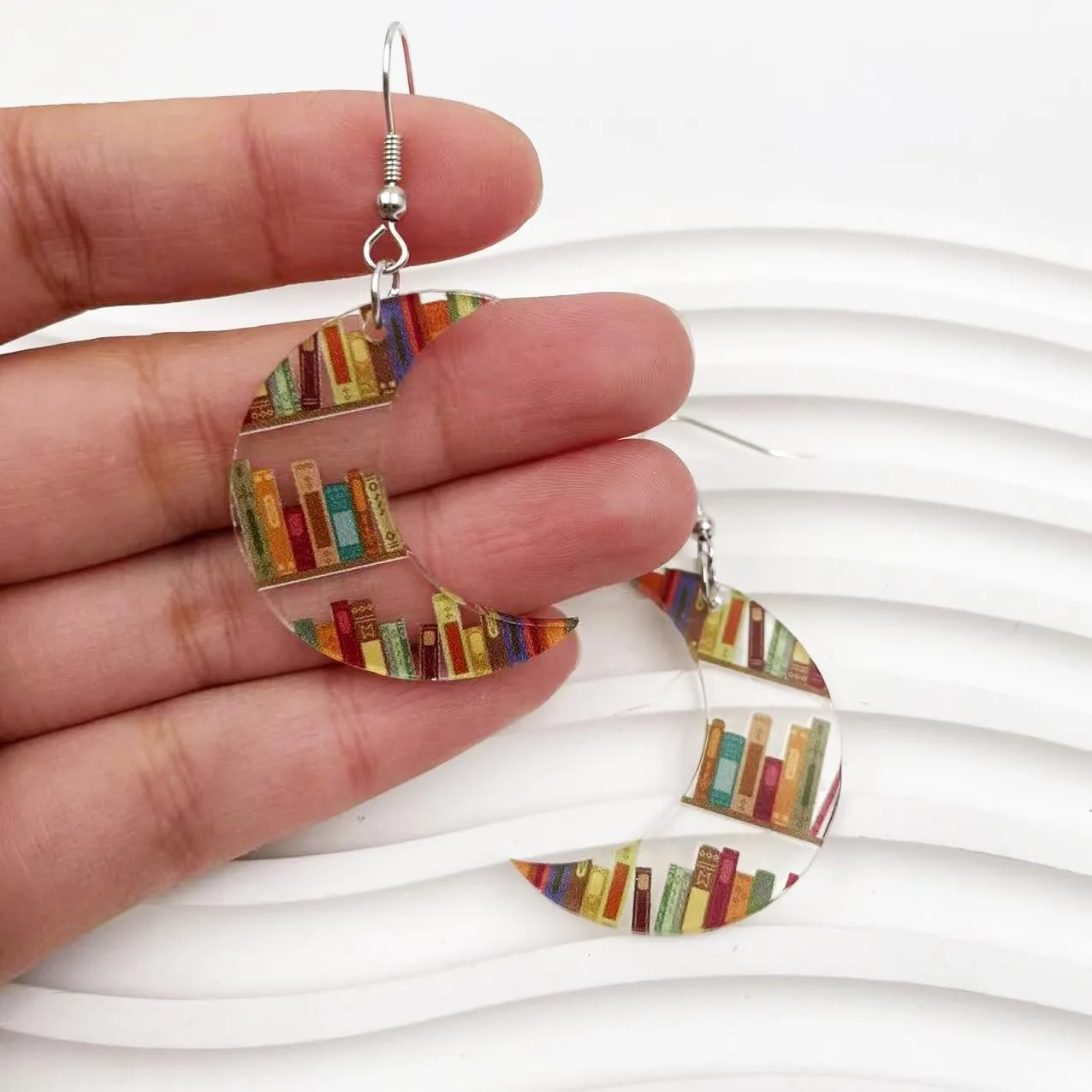 Book Earrings for Women Moon Book Earrings for Book Lovers Jewelry Acrylic Animal Bookcase Earrings Fun Teacher Earrings for Teachers Appreciation Day Back To School (Moon)