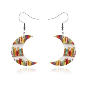 Book Earrings for Women Moon Book Earrings for Book Lovers Jewelry Acrylic Animal Bookcase Earrings Fun Teacher Earrings for Teachers Appreciation Day Back To School (Moon)