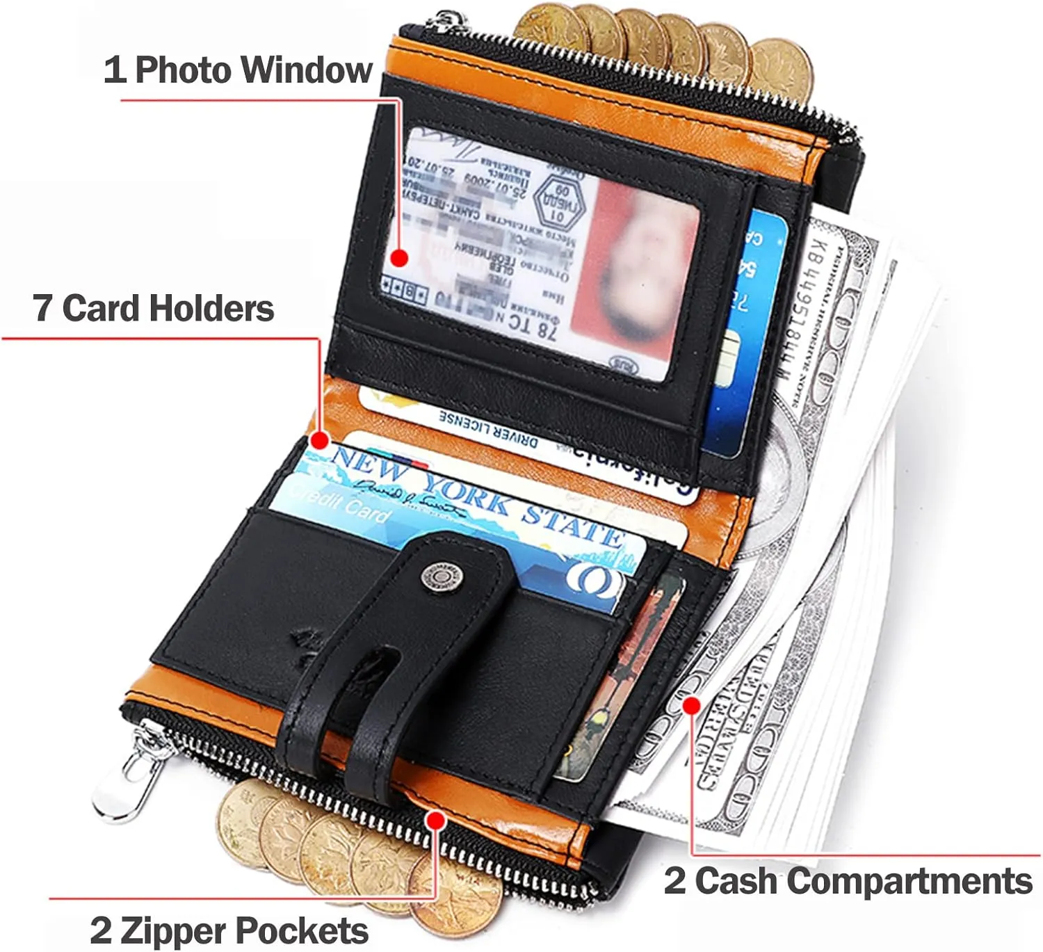 boshiho Real Leather RFID Blocking Bifold Wallets for Men Double Zipper Coin Pocket Purse with Anti-Theft Chain