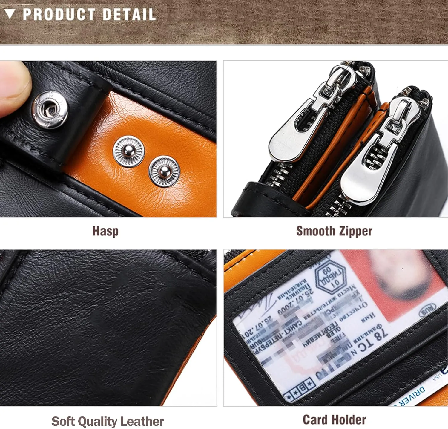 boshiho Real Leather RFID Blocking Bifold Wallets for Men Double Zipper Coin Pocket Purse with Anti-Theft Chain