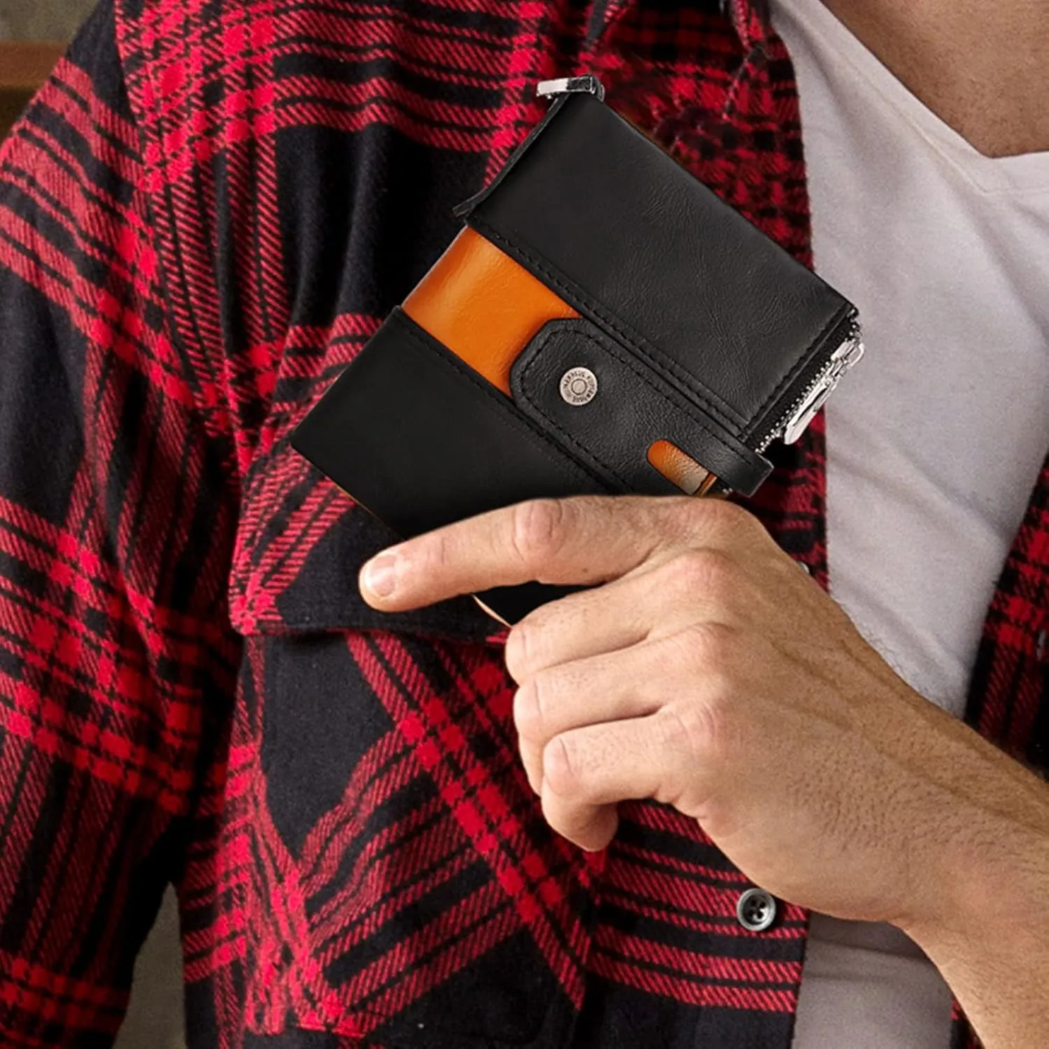 boshiho Real Leather RFID Blocking Bifold Wallets for Men Double Zipper Coin Pocket Purse with Anti-Theft Chain