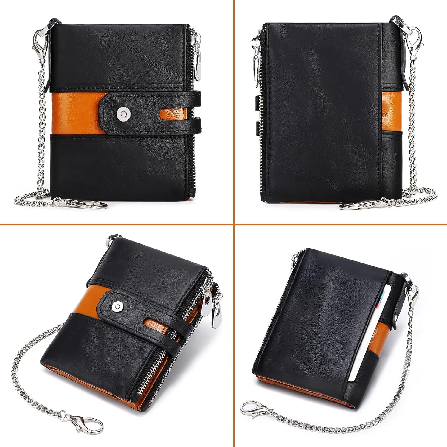 boshiho Real Leather RFID Blocking Bifold Wallets for Men Double Zipper Coin Pocket Purse with Anti-Theft Chain