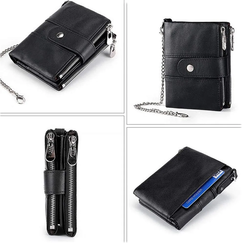 boshiho Real Leather RFID Blocking Bifold Wallets for Men Double Zipper Coin Pocket Purse with Anti-Theft Chain