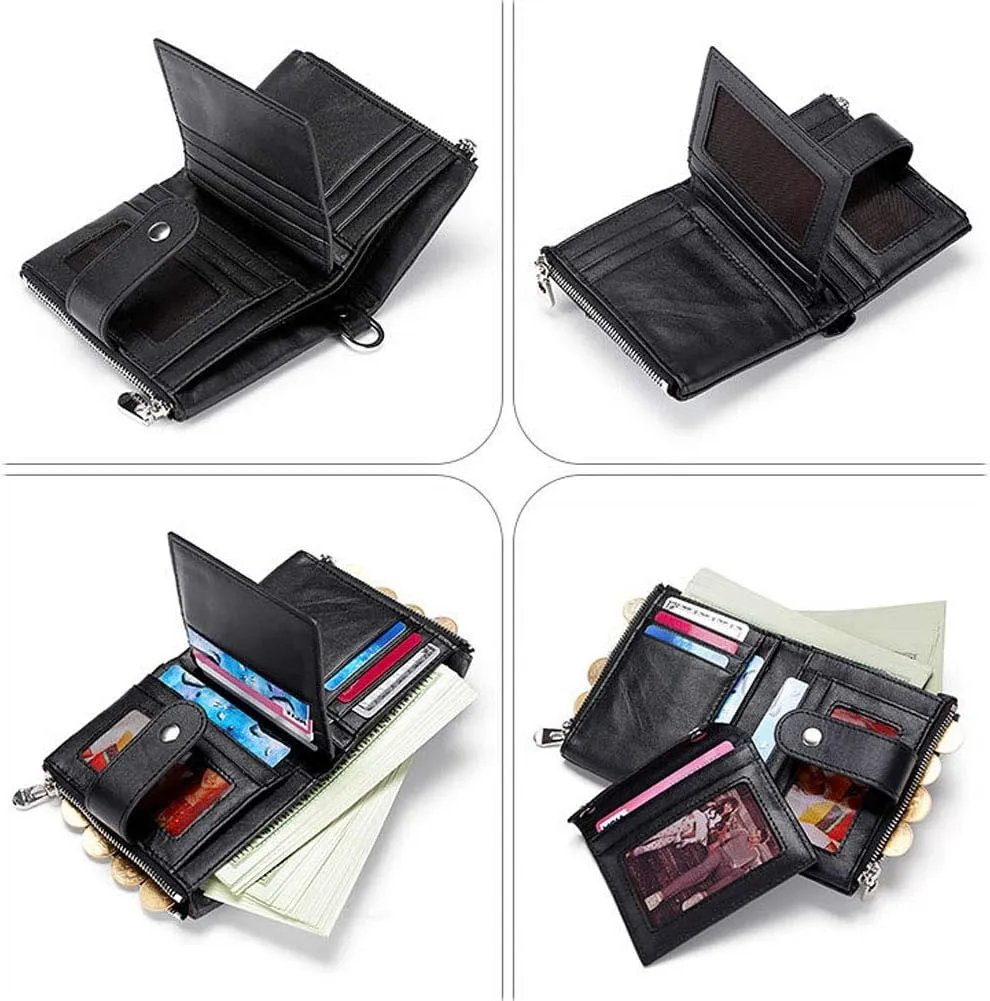 boshiho Real Leather RFID Blocking Bifold Wallets for Men Double Zipper Coin Pocket Purse with Anti-Theft Chain