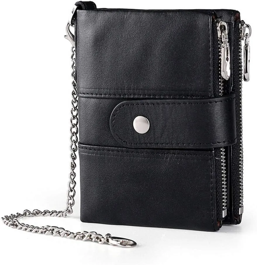 boshiho Real Leather RFID Blocking Bifold Wallets for Men Double Zipper Coin Pocket Purse with Anti-Theft Chain