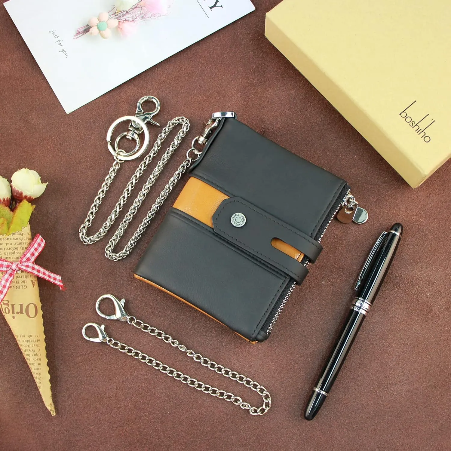 boshiho Real Leather RFID Blocking Bifold Wallets for Men Double Zipper Coin Pocket Purse with Anti-Theft Chain
