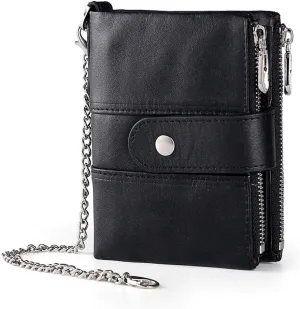 boshiho Real Leather RFID Blocking Bifold Wallets for Men Double Zipper Coin Pocket Purse with Anti-Theft Chain