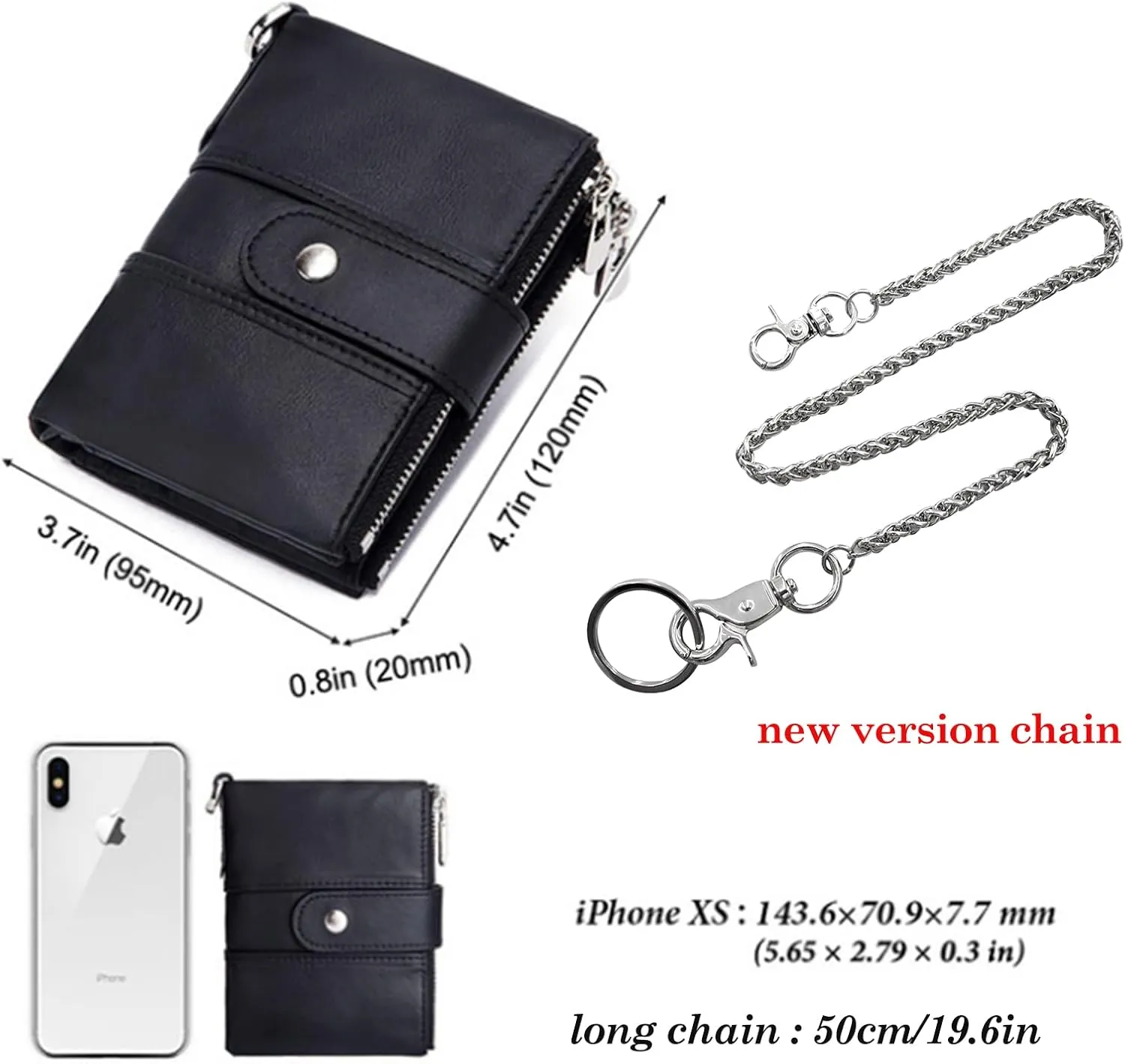 boshiho Real Leather RFID Blocking Bifold Wallets for Men Double Zipper Coin Pocket Purse with Anti-Theft Chain